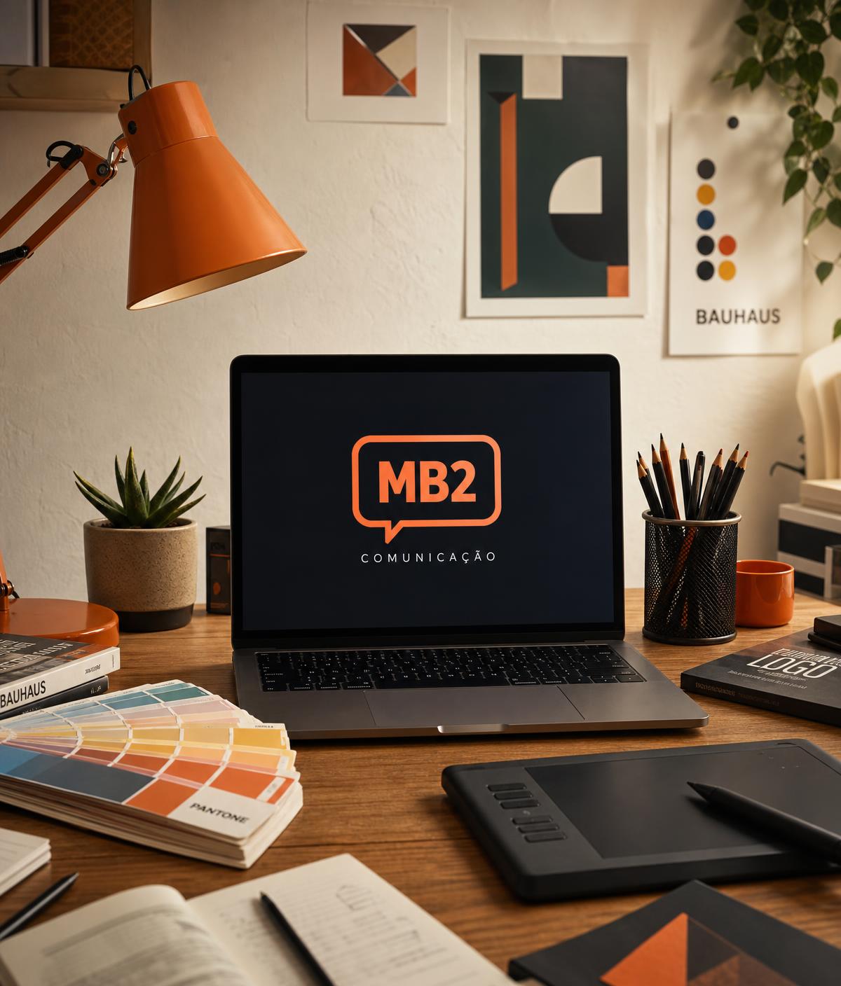 Estúdio de criação da MB2 Comunicação com notebook exibindo a logo da marca