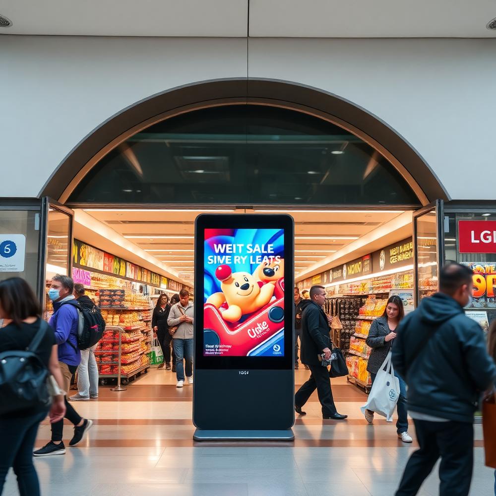 Totem digital de publicidade em entrada de supermercado