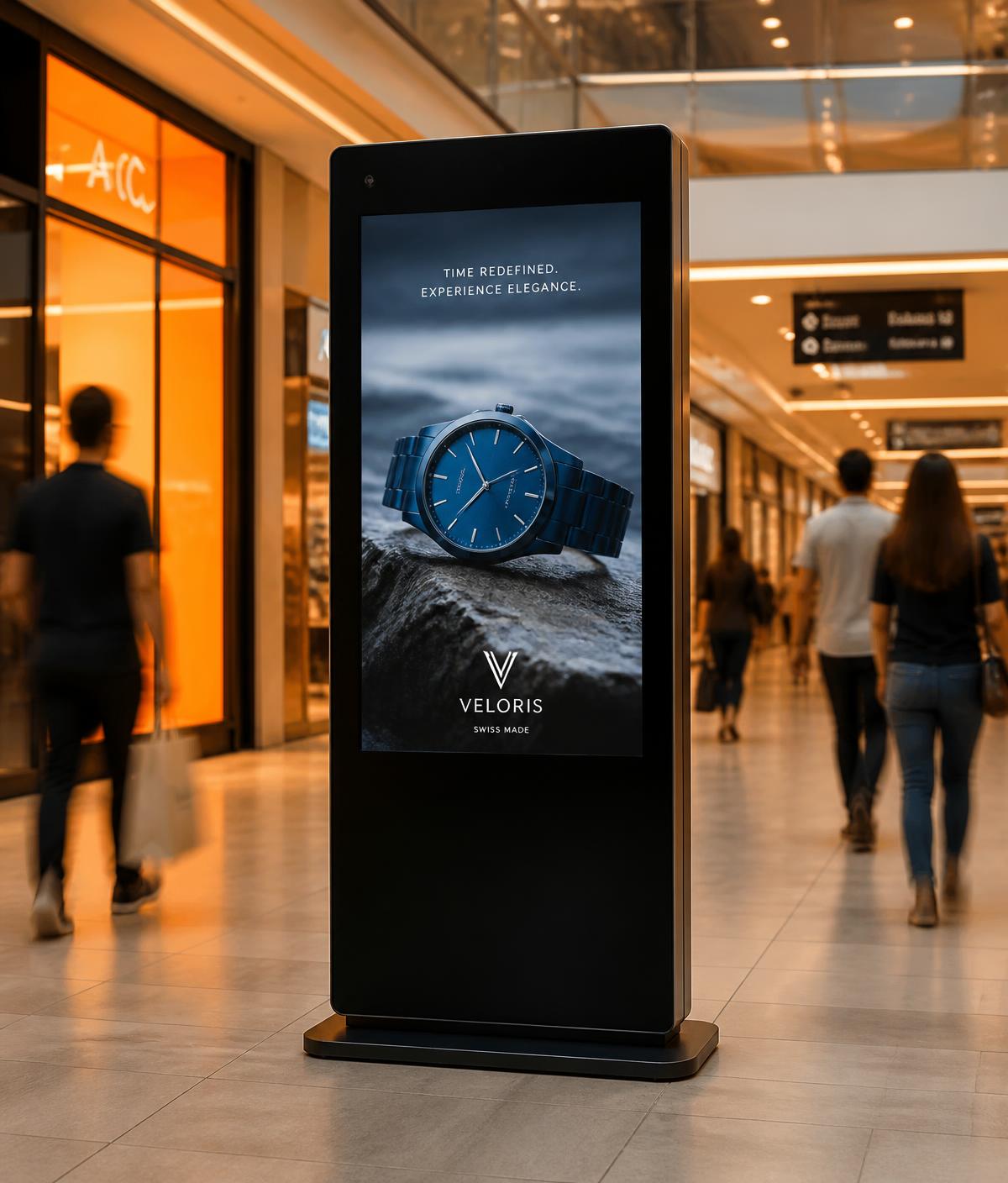 Totem digital de publicidade instalado em corredor de shopping