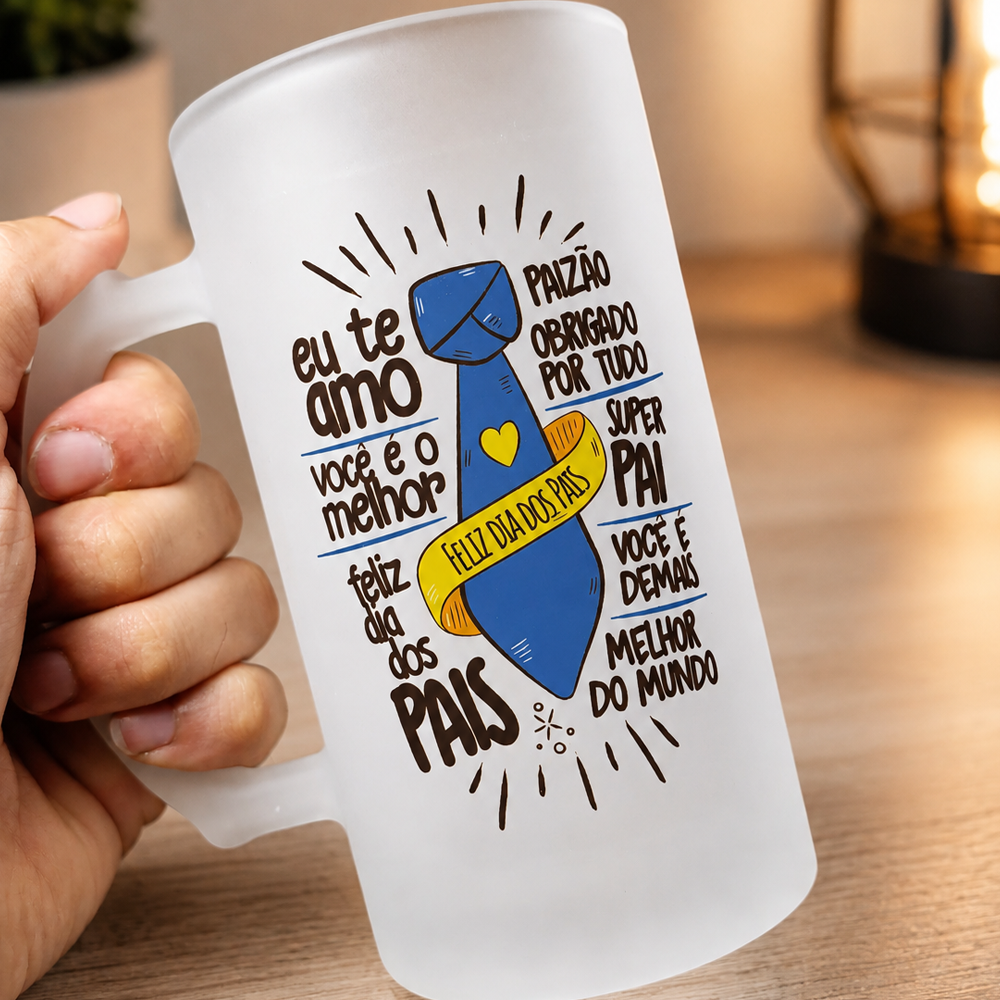 Caneca de vidro jateado personalizada para o Dia dos Pais