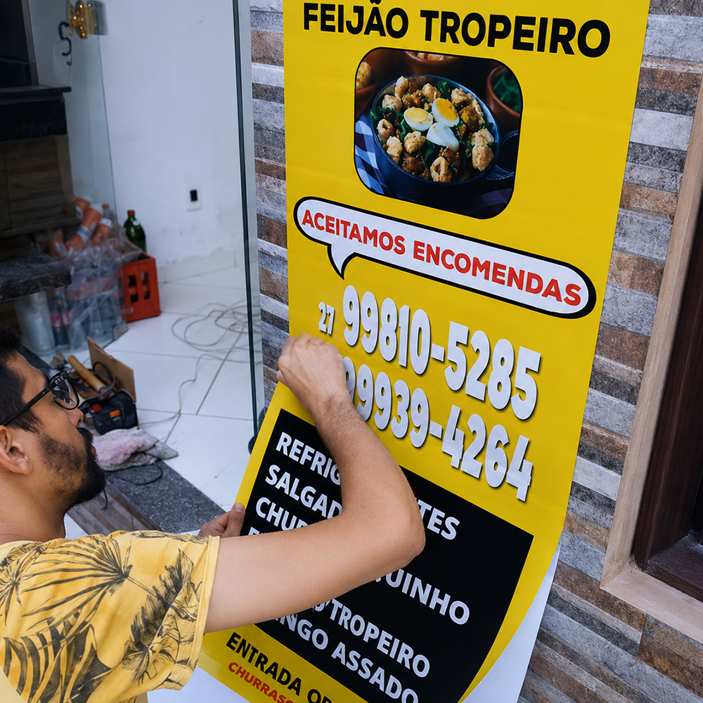 Banner em lona sendo instalado em fachada de restaurante